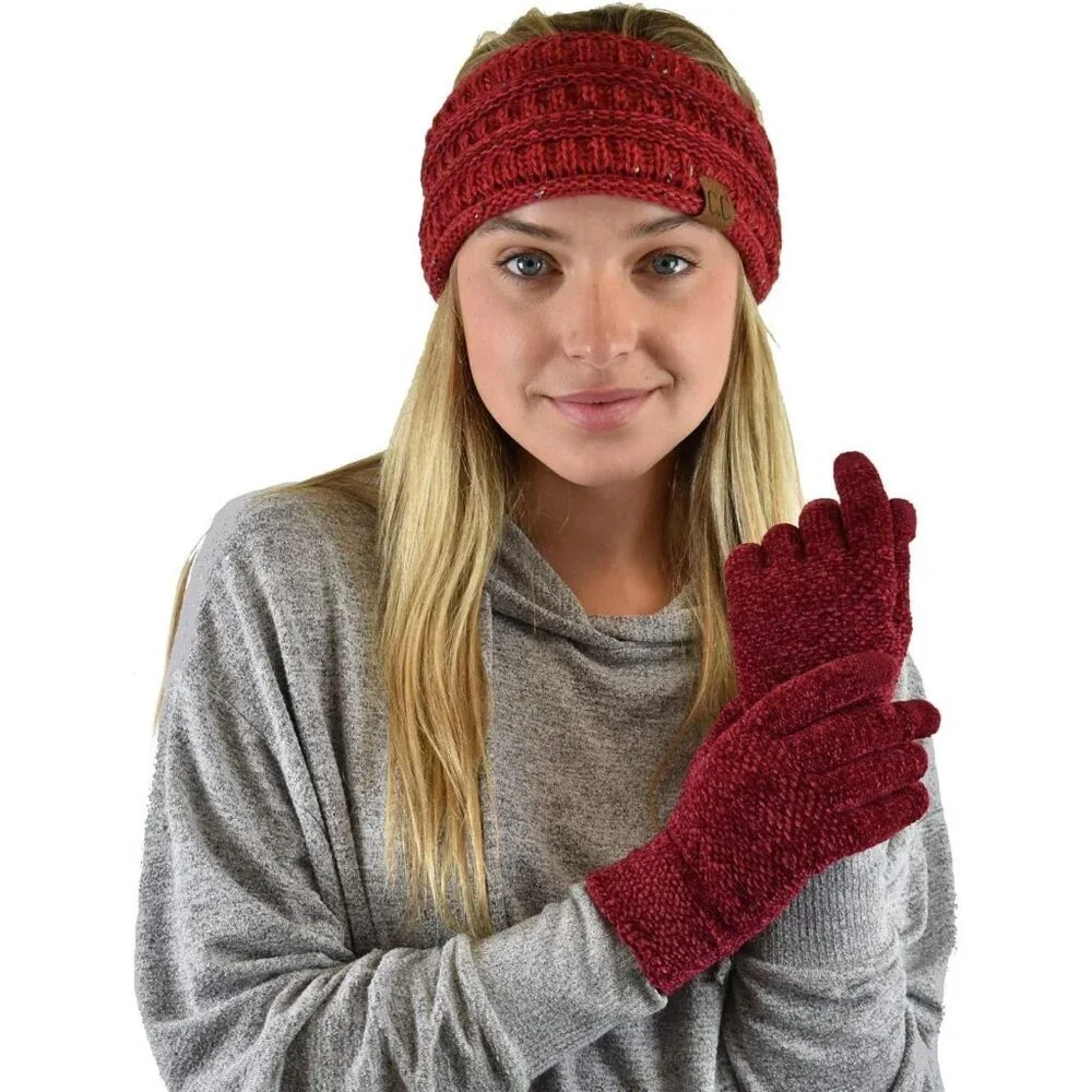 Women's Burgundy Winter Warm Eco-friendly Chenille Touchscreen Texting Gloves